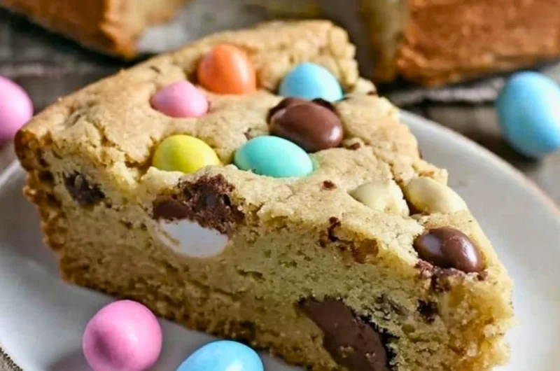 Giant Candy Cookie Pie topped with colorful candies and chocolate chips
