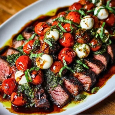 Grilled flank steak caprese topped with fresh basil and balsamic dressing