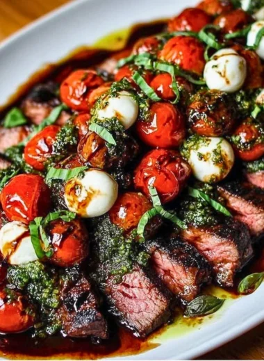 Grilled flank steak caprese topped with fresh basil and balsamic dressing