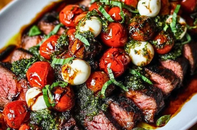 Grilled flank steak caprese topped with fresh basil and balsamic dressing