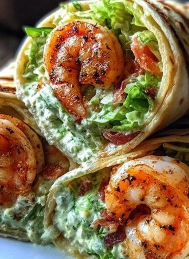 Grilled Shrimp Caesar Wraps served with fresh ingredients wrapped in a tortilla.