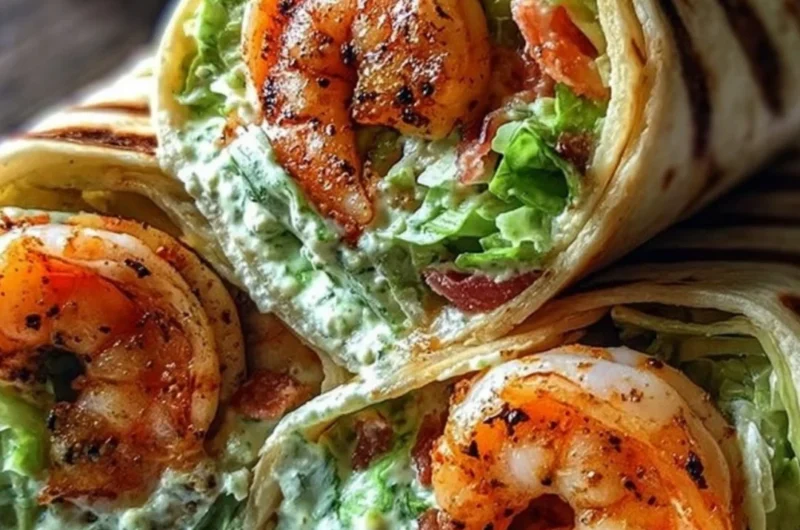 Grilled Shrimp Caesar Wraps served with fresh ingredients wrapped in a tortilla.