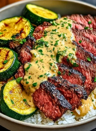 Delicious grilled steak bowl with sauce and grilled zucchini on a plate.