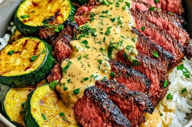Delicious grilled steak bowl with sauce and grilled zucchini on a plate.