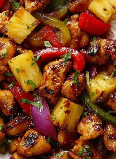 Hawaiian Chicken Sheet Pan with colorful veggies and pineapple slices