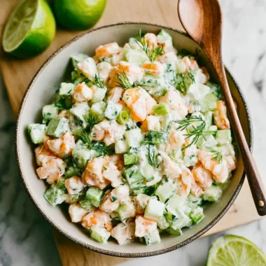 Healthy cucumber shrimp salad with fresh vegetables and shrimp