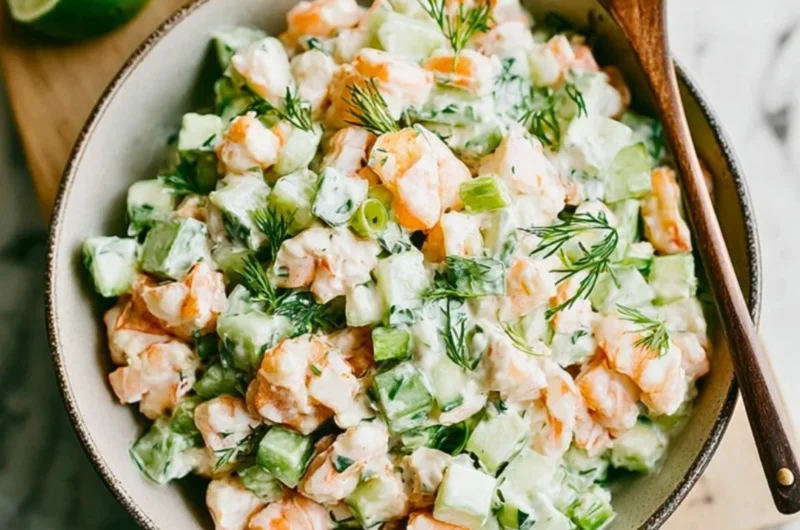 Healthy cucumber shrimp salad with fresh vegetables and shrimp