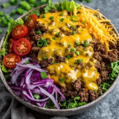 High-protein cheeseburger bowls with ground beef and burger sauce