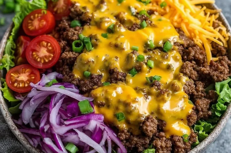 High-protein cheeseburger bowls with ground beef and burger sauce