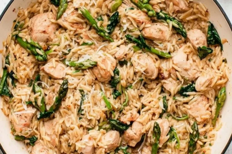 High protein chicken orzo dish served in a bowl with fresh herbs