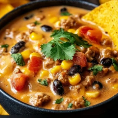 Delicious high protein creamy taco soup with vibrant toppings.