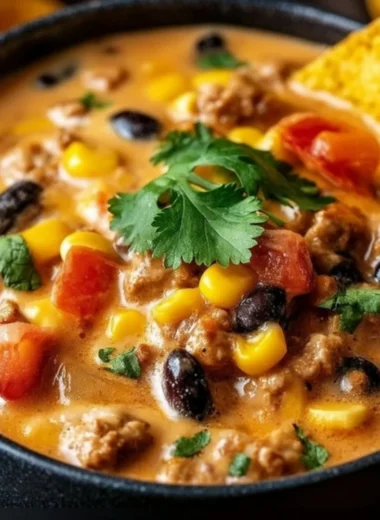 Delicious high protein creamy taco soup with vibrant toppings.
