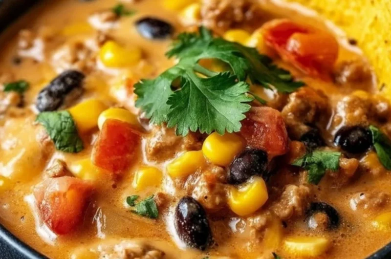 Delicious high protein creamy taco soup with vibrant toppings.
