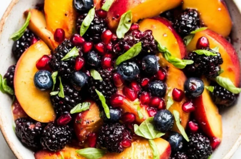 A vibrant bowl of Honey Lime Basil Peach Fruit Salad.