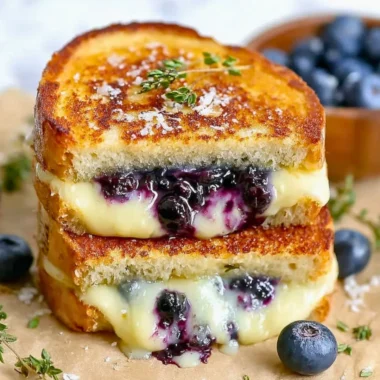 Delicious blueberry grilled cheese sandwich with melted cheese and fresh blueberries