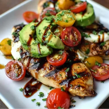 Juicy grilled avocado chicken served on a plate with fresh herbs