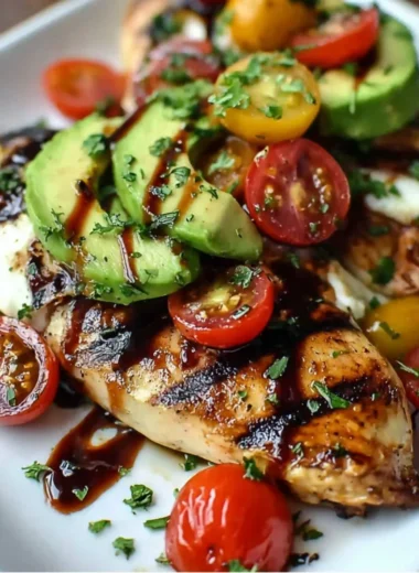 Juicy grilled avocado chicken served on a plate with fresh herbs
