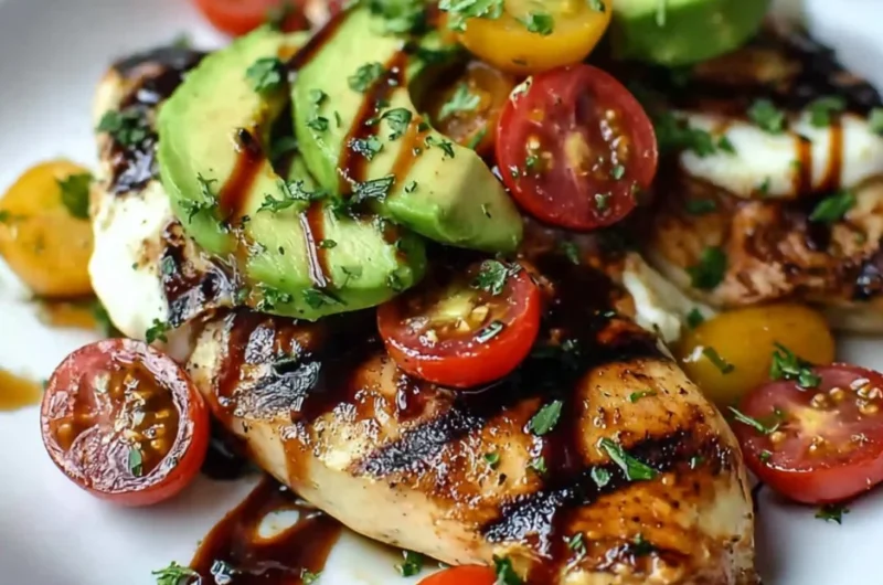 Juicy grilled avocado chicken served on a plate with fresh herbs