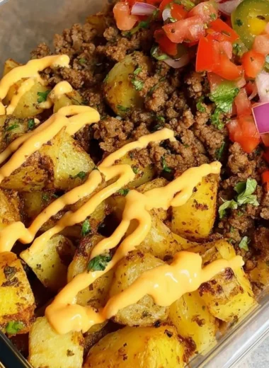 Delicious Loaded Potato Taco Bowl topped with fresh ingredients and spices.