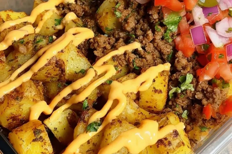 Delicious Loaded Potato Taco Bowl topped with fresh ingredients and spices.