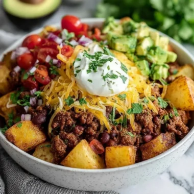 Loaded Potato Taco Bowl with toppings and ingredients