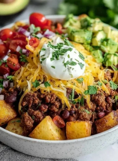 Loaded Potato Taco Bowl with toppings and ingredients
