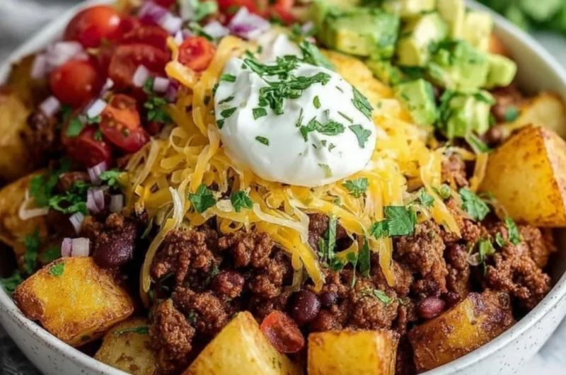 Loaded Potato Taco Bowl with toppings and ingredients