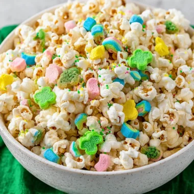 Loaded St. Patrick's Day popcorn with green chocolate and festive sprinkles