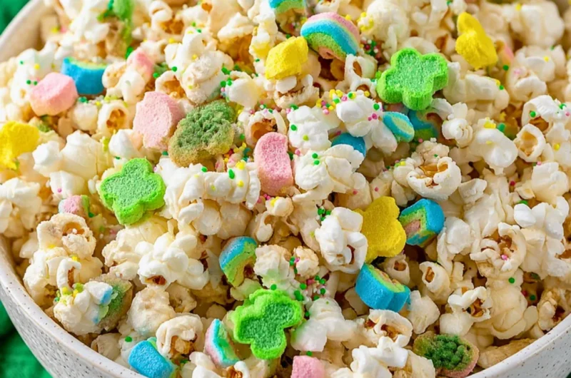 Loaded St. Patrick's Day popcorn with green chocolate and festive sprinkles