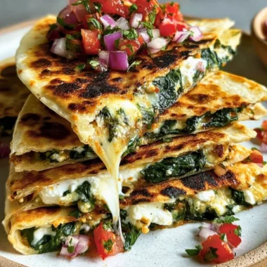 Delicious Mediterranean quesadillas filled with fresh vegetables and herbs.