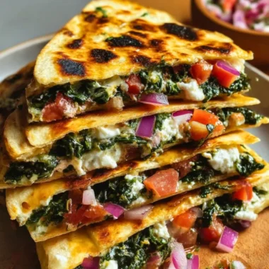Mediterranean Quesadillas with spinach, feta, mozzarella, and red onion on a plate