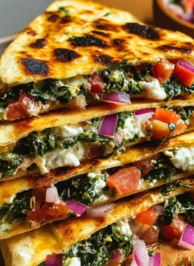 Mediterranean Quesadillas with spinach, feta, mozzarella, and red onion on a plate