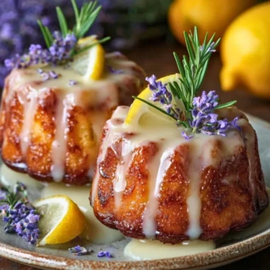 Mini lemon cakes with lavender glaze on a decorative plate