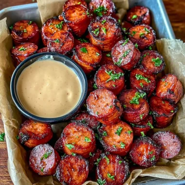 Delicious Mustard Hasselback Kielbasa Bites served as appetizers
