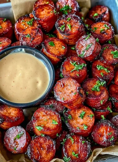 Delicious Mustard Hasselback Kielbasa Bites served as appetizers