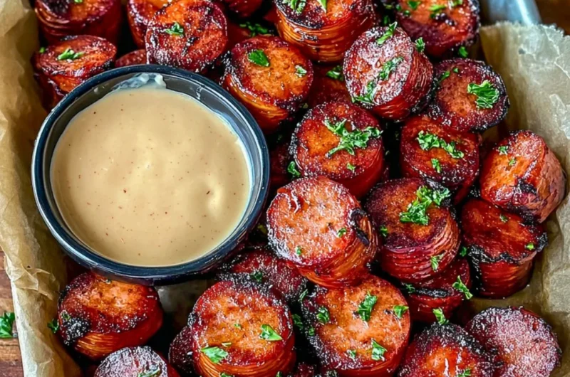 Delicious Mustard Hasselback Kielbasa Bites served as appetizers