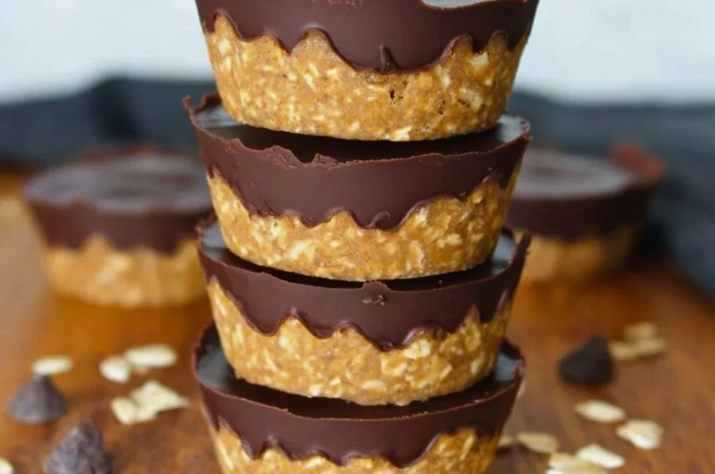 No bake peanut butter oat cups topped with chocolate and nuts.