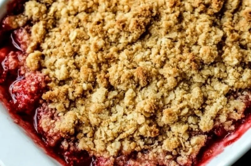 Delicious old-fashioned strawberry rhubarb crisp served in a bowl.