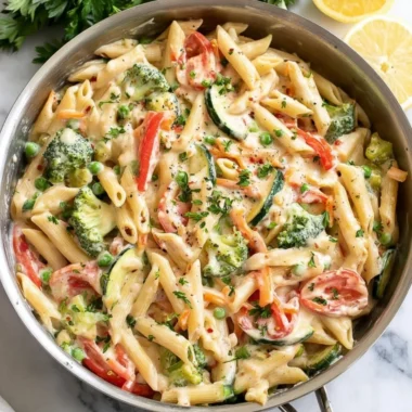 A colorful bowl of Pasta Primavera with fresh vegetables and herbs.
