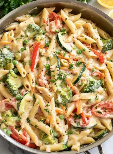 A colorful bowl of Pasta Primavera with fresh vegetables and herbs.
