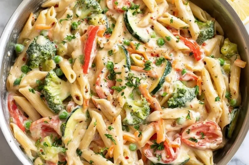A colorful bowl of Pasta Primavera with fresh vegetables and herbs.