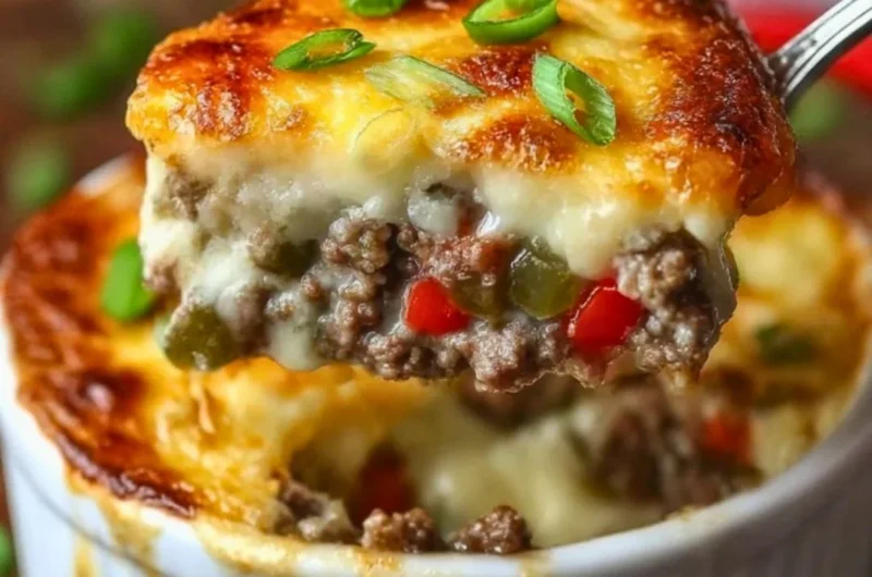 Delicious Philly cheesesteak skillet with beef, peppers, and cheese