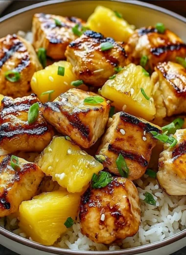 Pineapple chicken served with rice on a plate