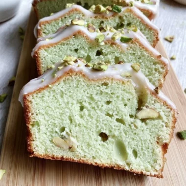 Loaf of pistachio pudding bread with a green exterior and nut topping