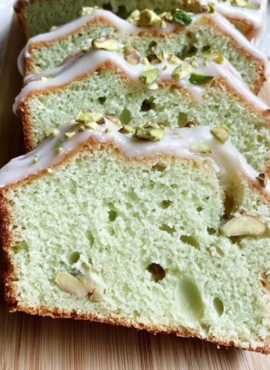 Loaf of pistachio pudding bread with a green exterior and nut topping