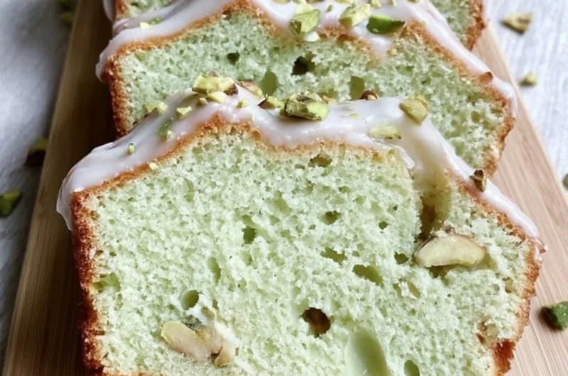 Loaf of pistachio pudding bread with a green exterior and nut topping