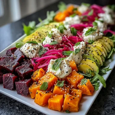 Roasted beet salad with sweet potato, avocado, and whipped ricotta