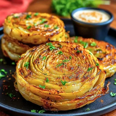 Roasted cabbage steaks seasoned and baked to perfection on a serving plate.