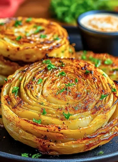 Roasted cabbage steaks seasoned and baked to perfection on a serving plate.