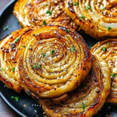 Delicious roasted cabbage steaks garnished and ready to serve.